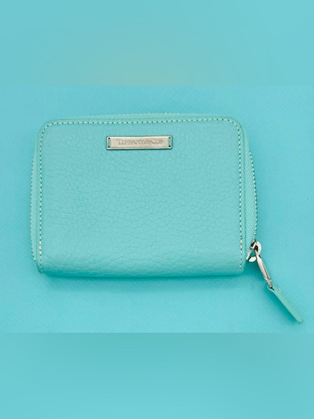 TIFFANY & Co Small Blue Leather Wallet Zip Retired